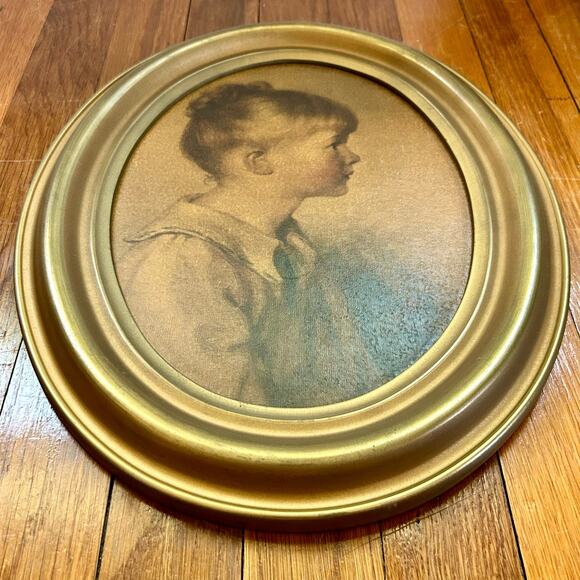 Set of 2 Vintage Victorian Girl & Boy Prints  in Wooden Oval Frames - Picture 2 of 15